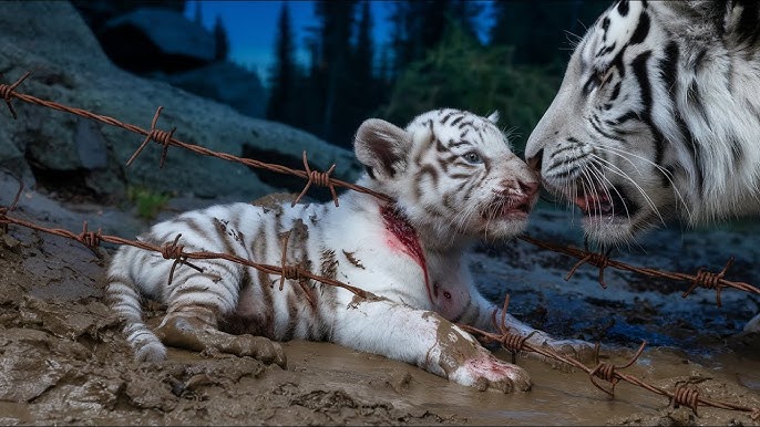 A mother white tiger begs a hunter to save her badly injured cub trapped in a barbed wire fence.